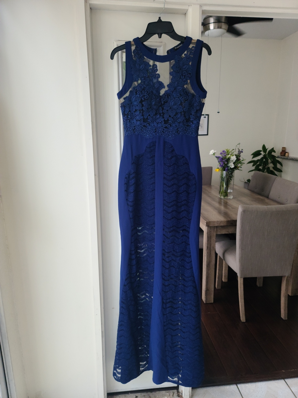 Navy Floral Lace Maxi Dress with Sheer Panels